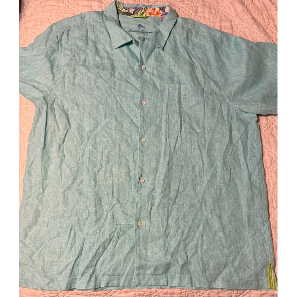 Tommy Bahama Button Down Shirt Mens XL Aqua Blue Linen Short Sleeve Loop Collar